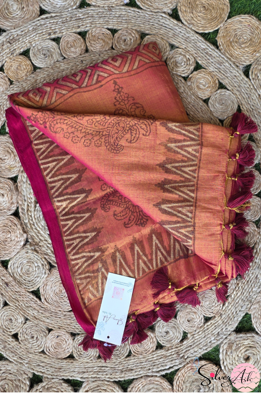 Handblock Printed RAAS Tissue Red Saree with Blouse Piece