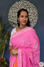 Handblock Printed DIL SE MULCOTTON Pink Orange Saree with Blouse Piece