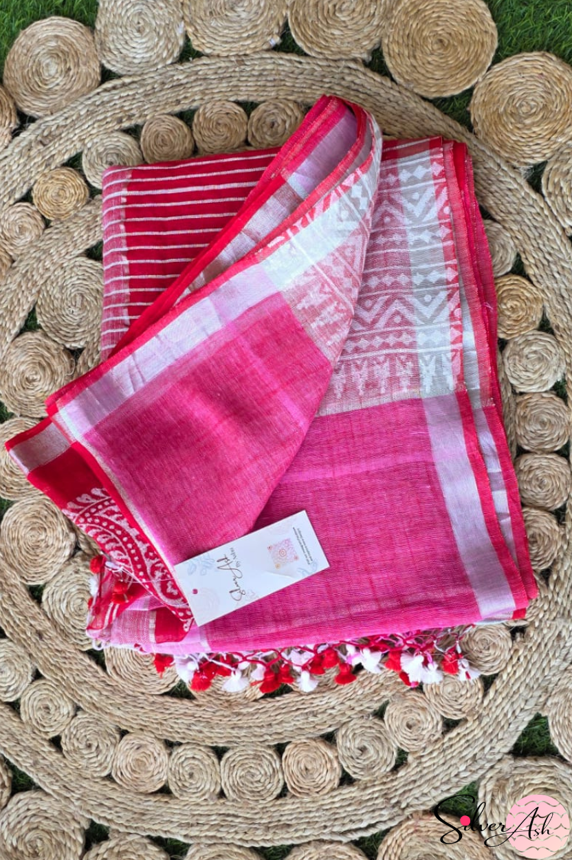 Handblock Printed RANG DE MOHE LINEN PINK-RED Saree with Blouse Piece
