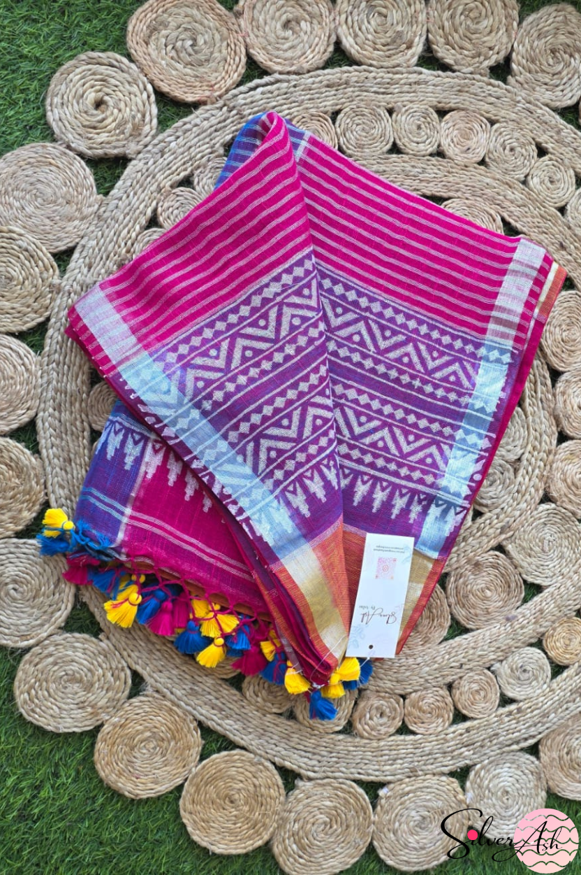 Handblock Printed RANG DE MOHE LINEN BLUE-PURPLE Saree with Blouse Piece