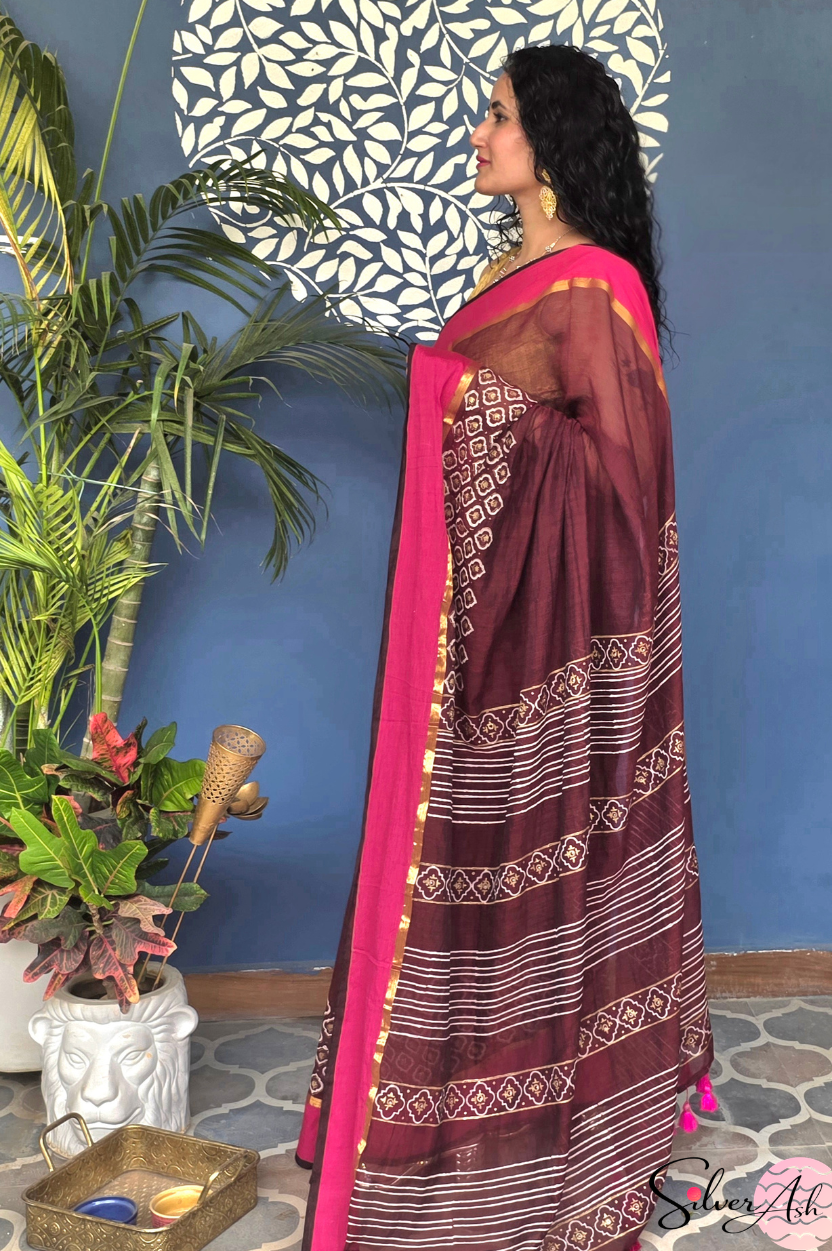Handblock Printed KASHVI MULCOTTON Coke Saree with Blouse Piece