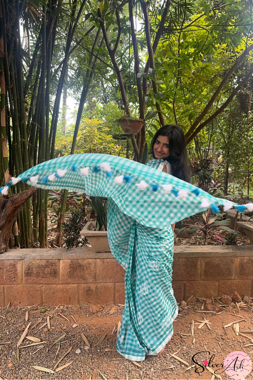 Handblock Printed CHAKOR MULCOTTON Green Saree