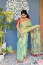 Handblock Printed RAAS Tissue Green Saree with Blouse Piece