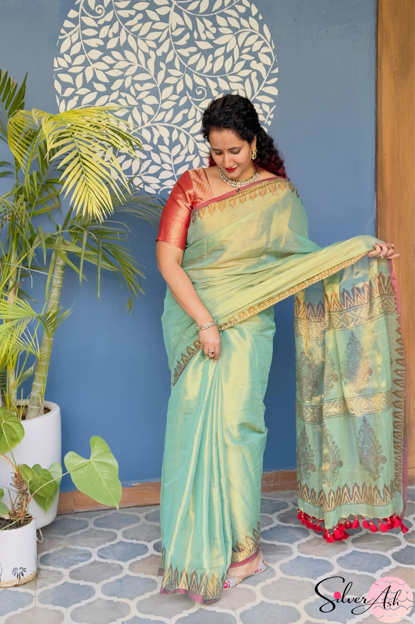 Handblock Printed RAAS Tissue Green Saree with Blouse Piece
