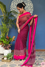 Handblock Printed KASHVI MULCOTTON Wine Saree with Blouse Piece