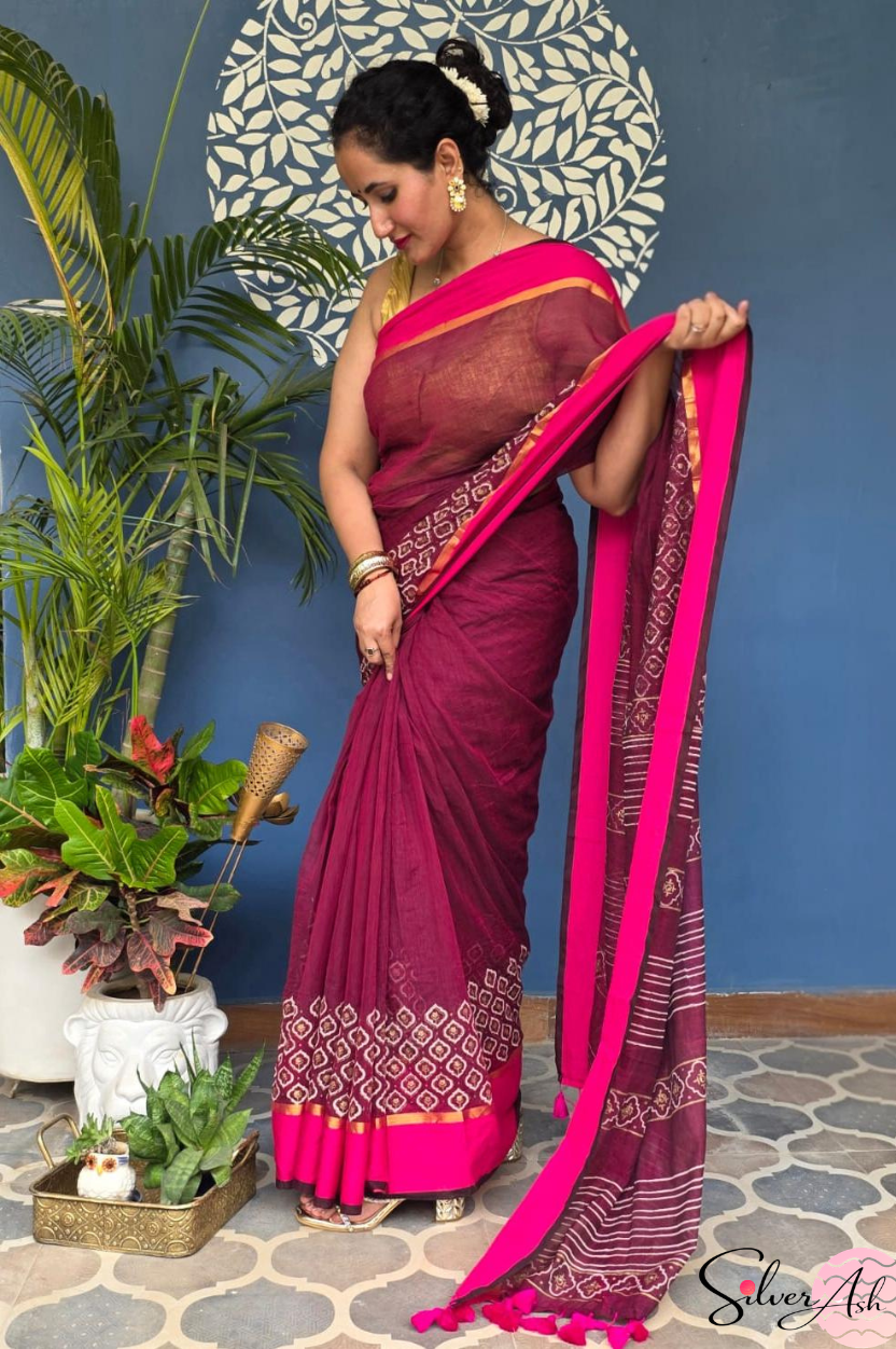 Handblock Printed KASHVI MULCOTTON Wine Saree with Blouse Piece