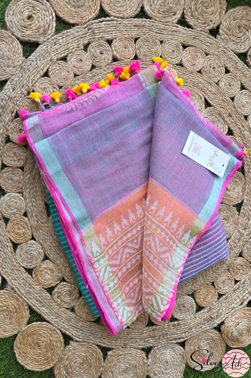 Handblock Printed RANG DE MOHE LINEN GREEN-PINK Saree with Blouse Piece