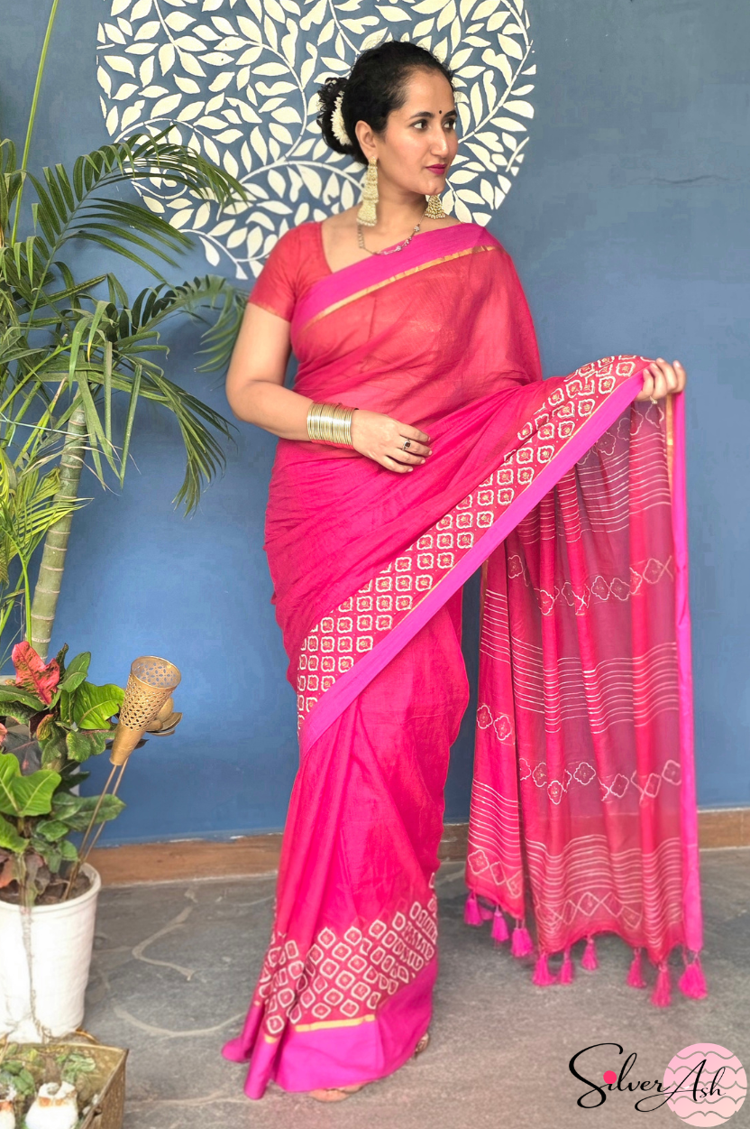 Handblock Printed KASHVI MULCOTTON Pink Saree with Blouse Piece