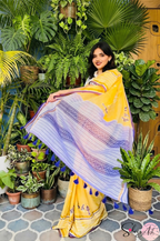Handblock Printed CHIDIYA MULCOTTON Yellow Saree with Blouse Piece