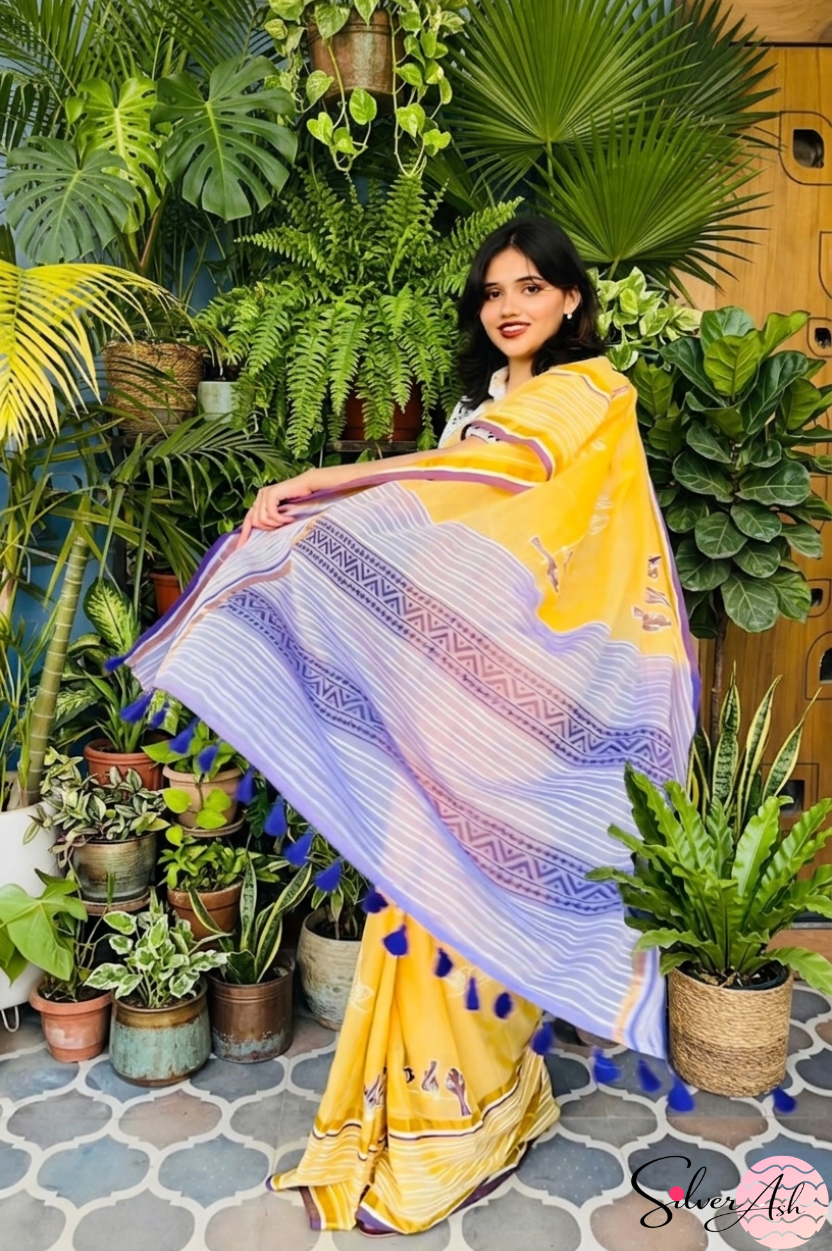 Handblock Printed CHIDIYA MULCOTTON Yellow Saree with Blouse Piece