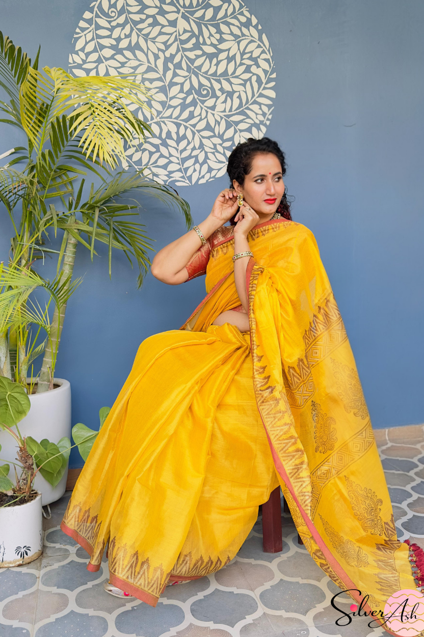 Handblock Printed RAAS Tissue Yellow Saree with Blouse Piece