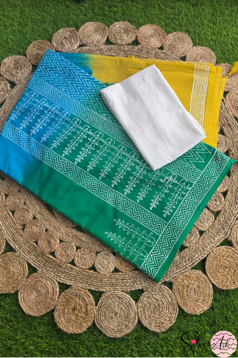 Handblock Printed TRIYA MULCOTTON Blue Saree with Blouse Piece