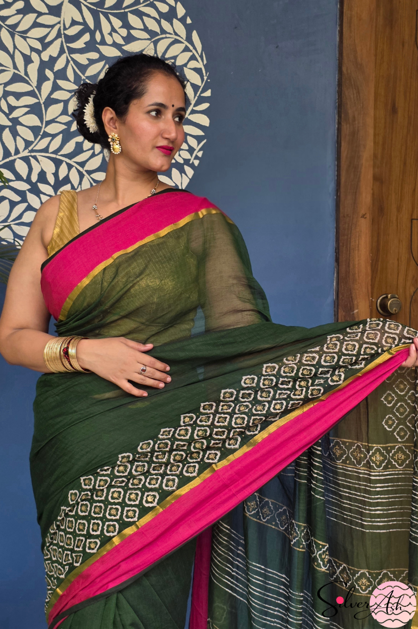 Handblock Printed KASHVI MULCOTTON Green Saree with Blouse Piece