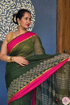 Handblock Printed KASHVI MULCOTTON Green Saree with Blouse Piece