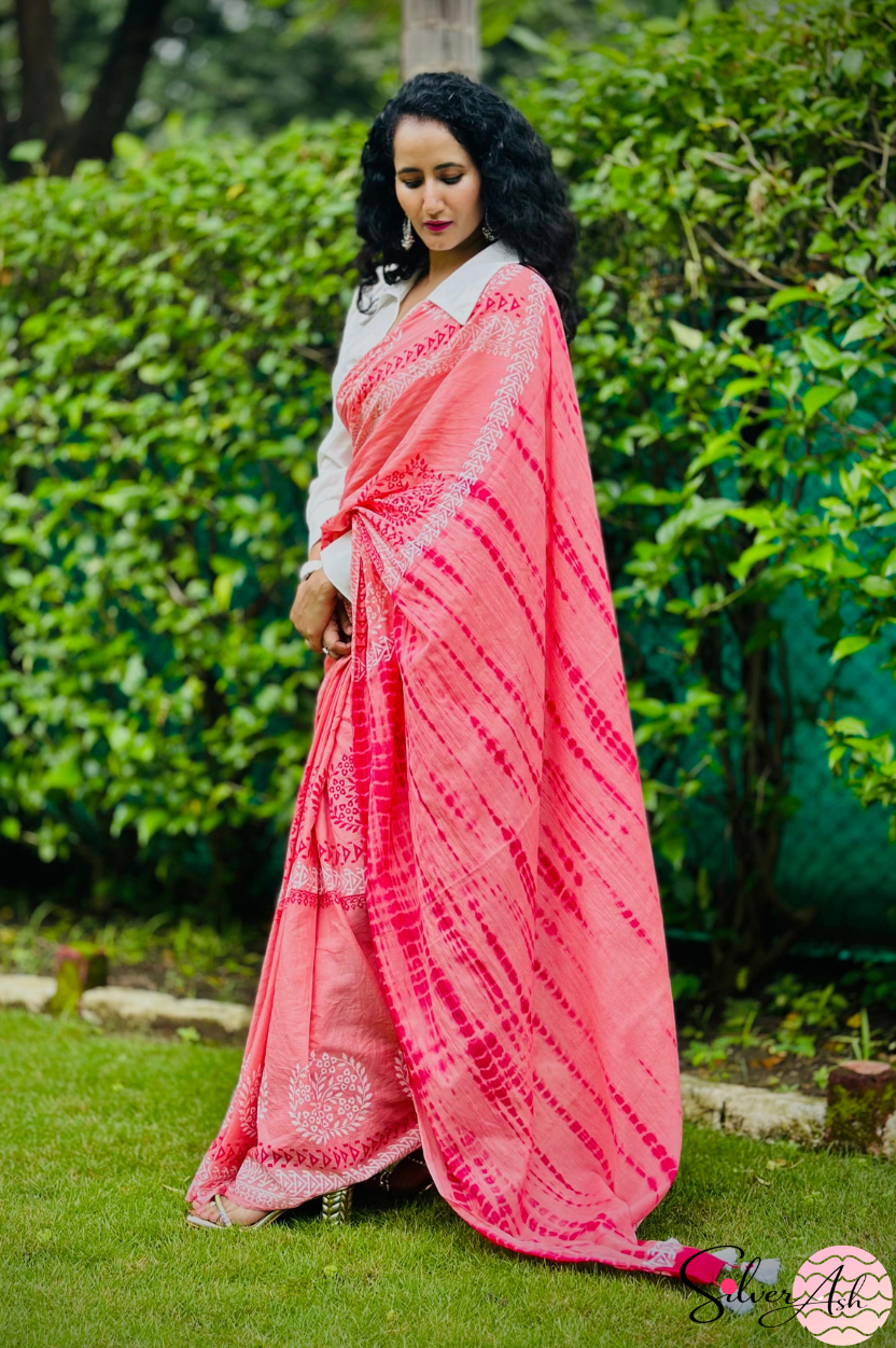Handblock Printed DHARA MULCOTTON Peach Red Saree with Blouse Piece