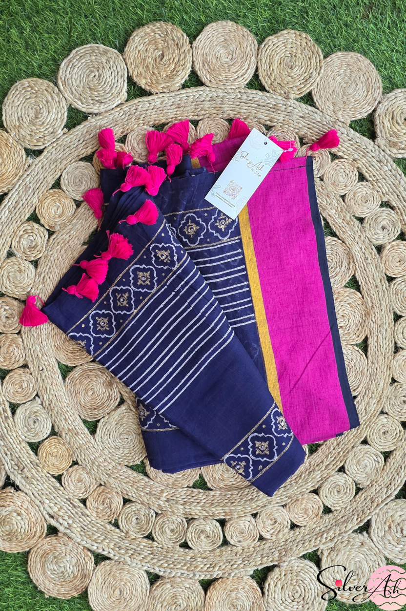 Handblock Printed KASHVI MULCOTTON Blue Saree with Blouse Piece