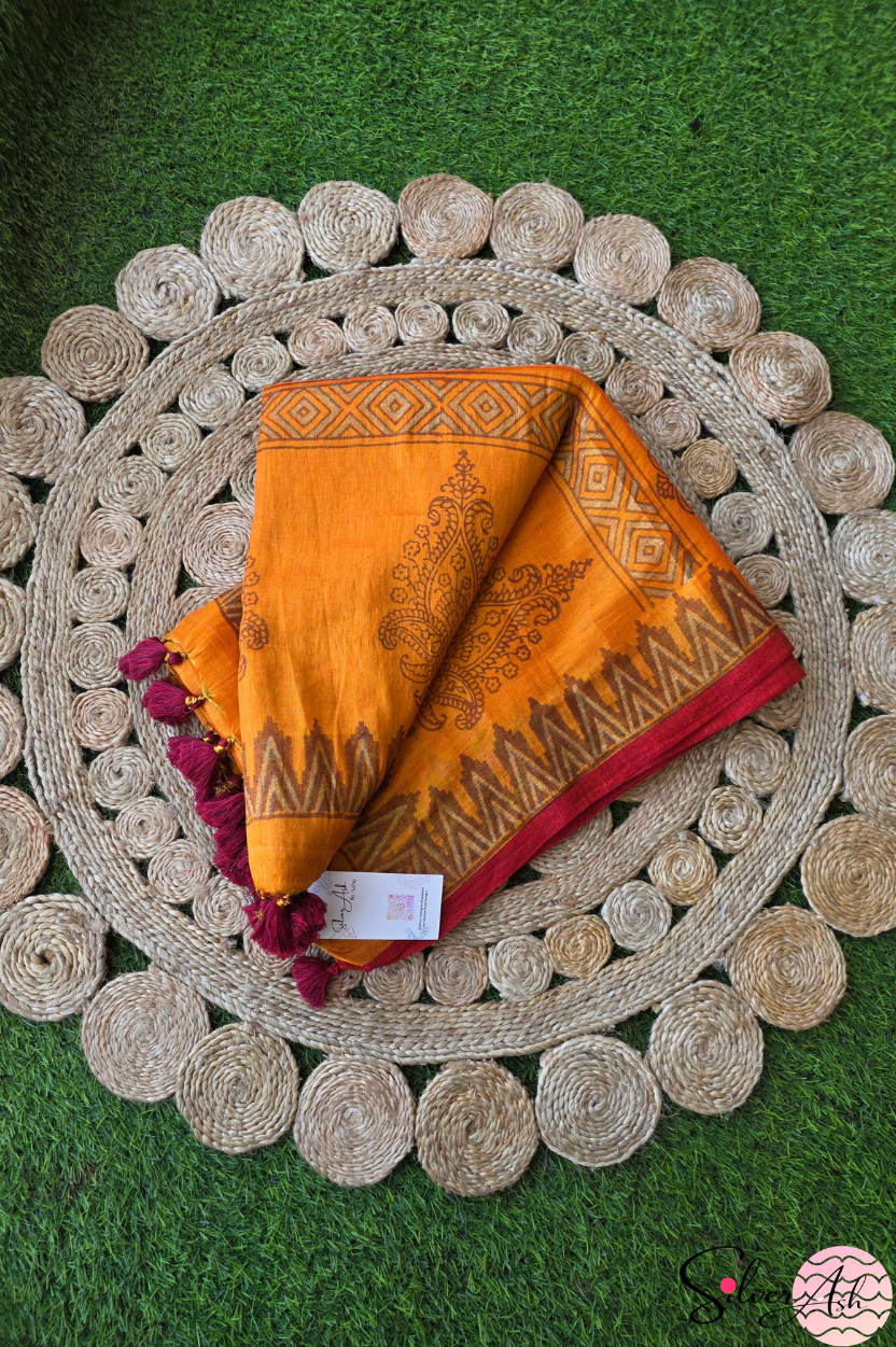 Handblock Printed RAAS Tissue Orange Saree with Blouse Piece