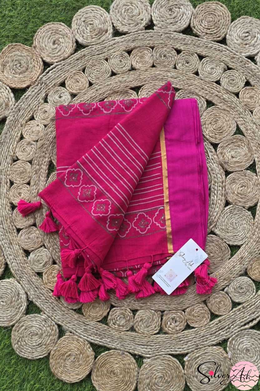 Handblock Printed KASHVI MULCOTTON Pink Saree with Blouse Piece