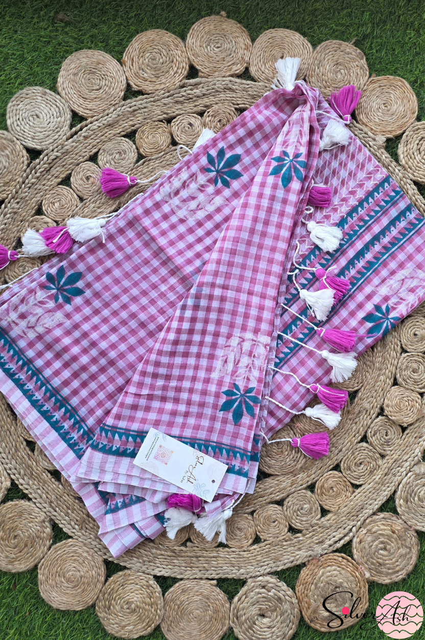 Handblock Printed CHAKOR MULCOTTON Pink Saree