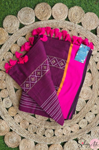Handblock Printed KASHVI MULCOTTON Wine Saree with Blouse Piece