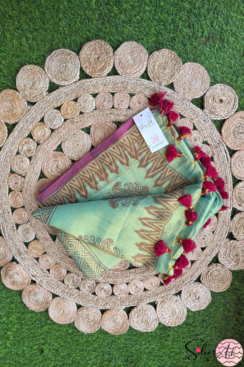 Handblock Printed RAAS Tissue Green Saree with Blouse Piece