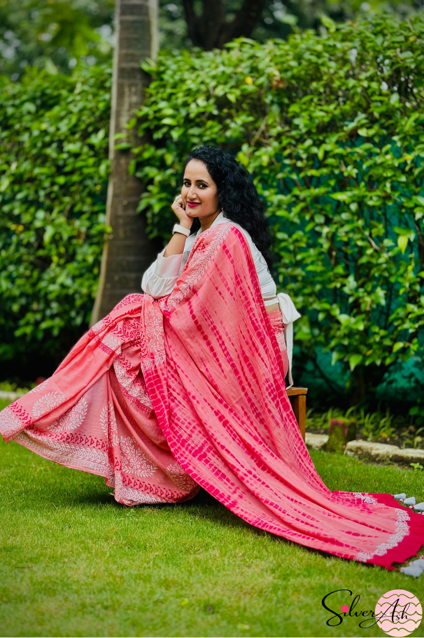 Handblock Printed DHARA MULCOTTON Peach Red Saree with Blouse Piece