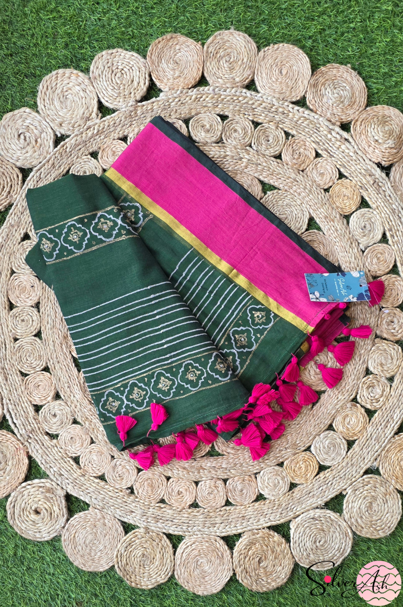 Handblock Printed KASHVI MULCOTTON Green Saree with Blouse Piece