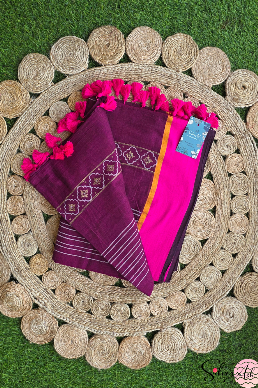 Handblock Printed KASHVI MULCOTTON Coke Saree with Blouse Piece