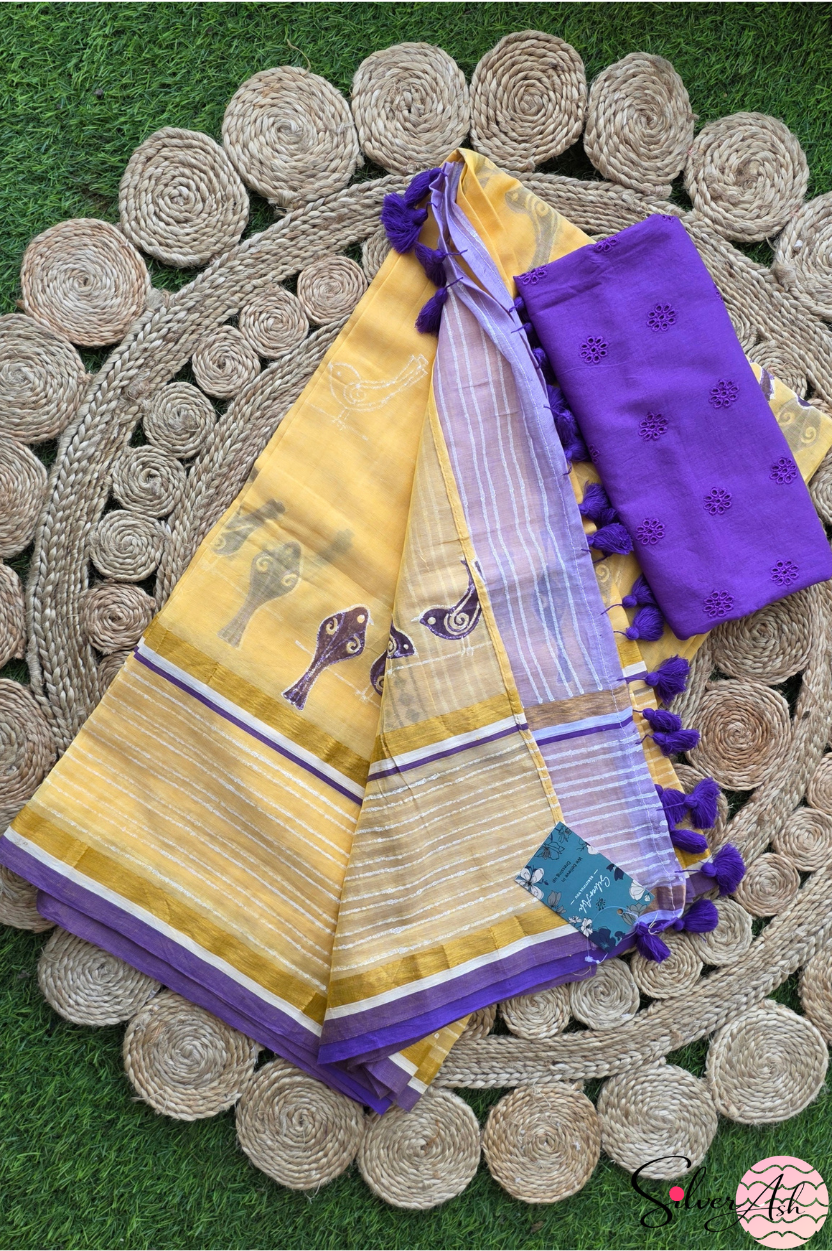 Handblock Printed CHIDIYA MULCOTTON Yellow Saree with Blouse Piece