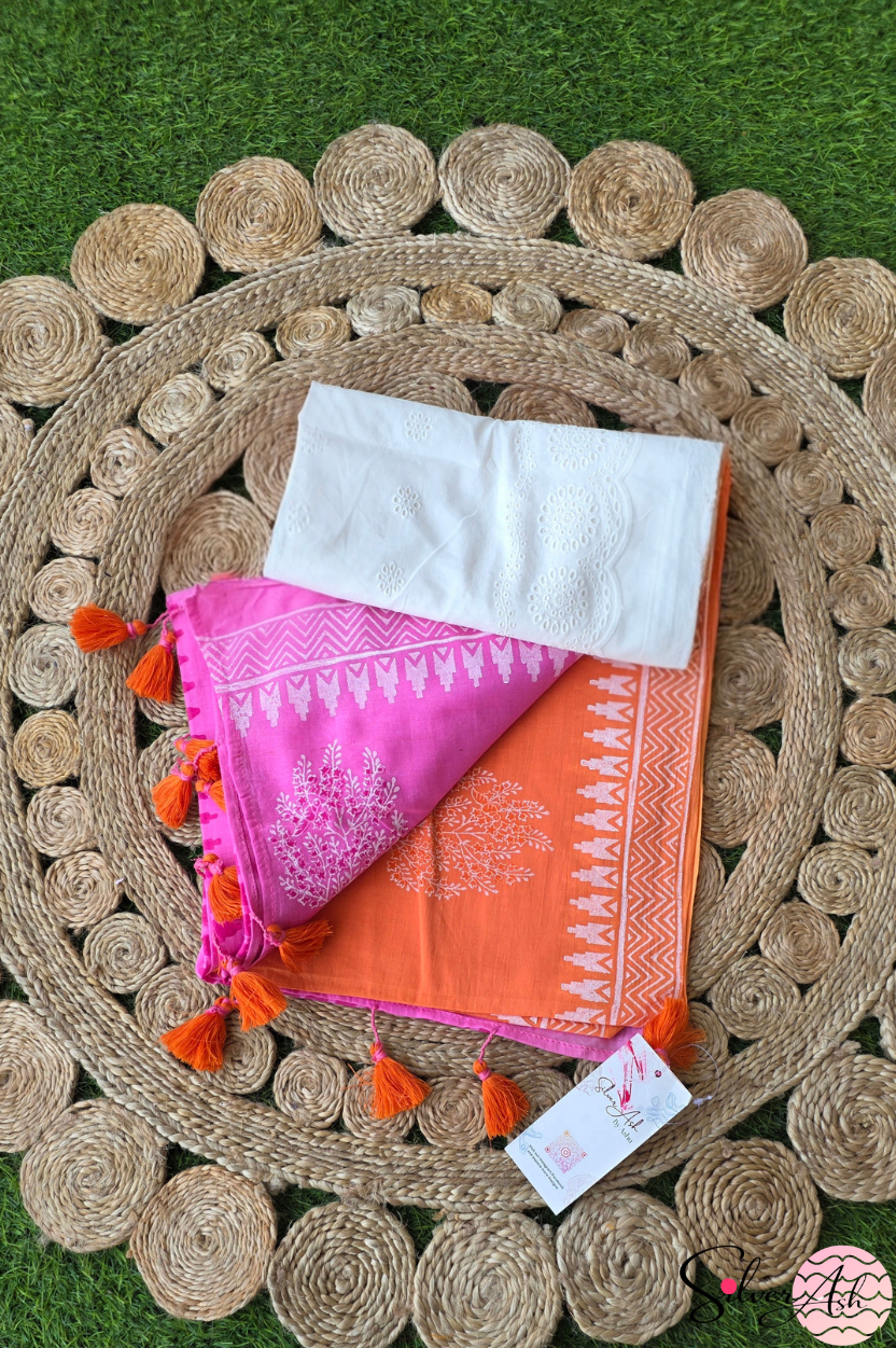 Handblock Printed DIL SE MULCOTTON Pink Orange Saree with Blouse Piece