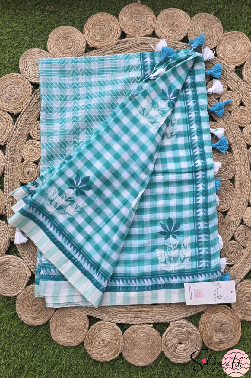 Handblock Printed CHAKOR MULCOTTON Green Saree