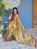 Handblock Printed RAAS Tissue Golden Saree with Blouse Piece