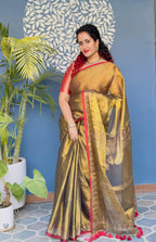 Handblock Printed RAAS Tissue Golden Saree with Blouse Piece
