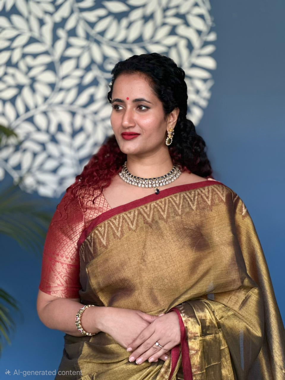 Handblock Printed RAAS Tissue Golden Saree with Blouse Piece